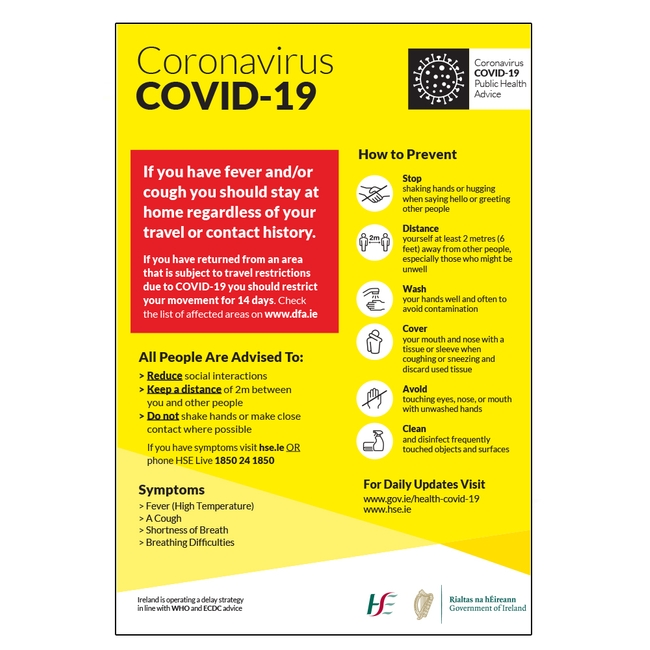 Coronavirus HSE Stay At Home Sign COVID-19 Disease Control