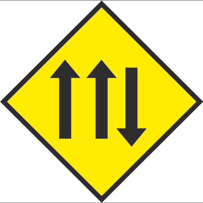 W 082 Three Lanes Of Traffic (Two With, One Against) Warning Signs